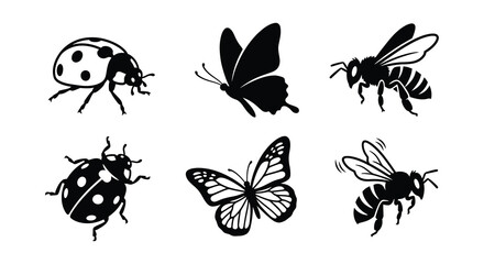 Ladybugs Butterflies And Bees Black Vector Silhouettes On White Background © Begum
