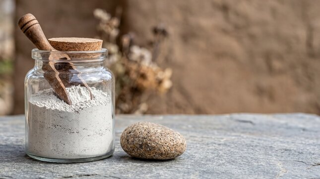 detoxification supplies, a glass jar filled with zeolite powder and a wooden scoop beside a stone