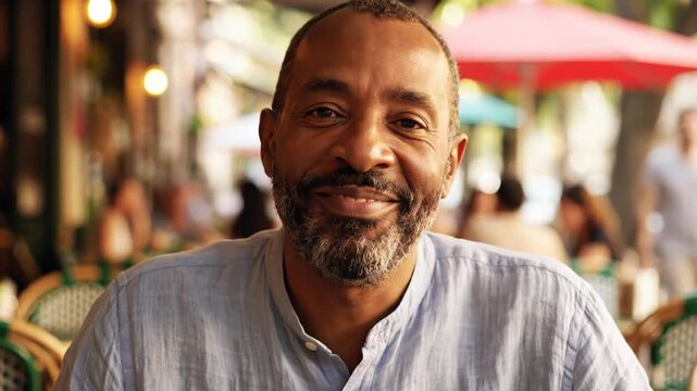 Portrait of a smiling middleaged african american man sitting at an outdoor cafe