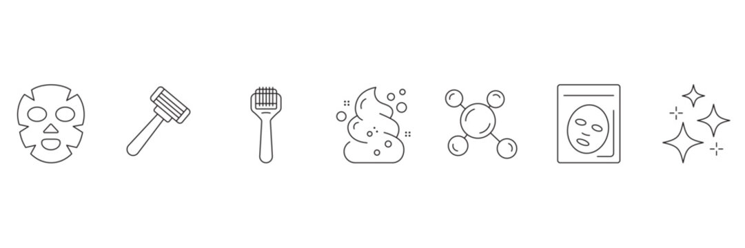 Skincare and beauty routine icon set featuring sheet mask razor derma roller foam cream molecule pack and sparkling stars vector illustration