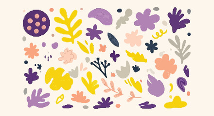 Obraz premium A vibrant collection of abstract organic shapes and botanical elements in a playful, modern flat design style.