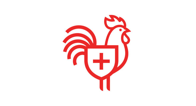 Red line art rooster with Swiss cross shield on white