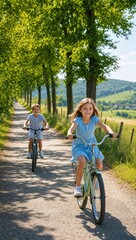 Obraz premium A girl and boy ride bicycles on a sunny rural road.