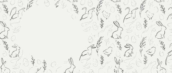 Obraz premium Minimalist Line Art Easter Icon Pattern Banner with Cute Bunny, Eggs, and Spring Symbols. Elegant Repeating Background for Holiday Greetings, Seasonal Sales, and Festive Social Media Posts.
