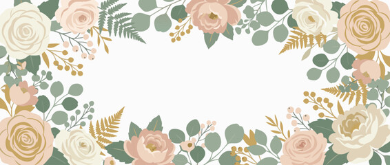 Fototapeta premium Elegant floral border vector banner for sophisticated wedding invitations and romantic event stationery, featuring delicate botanical blossoms with minimal copy space for personalized typography.