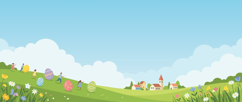 Delightful spring hillside landscape vector illustration featuring a miniature egg rolling race, a vibrant Easter holiday celebration banner with rolling hills and tiny character figures playing.