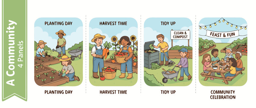 Set of four vector illustrations of a community garden workday featuring people planting and harvesting vegetables, friendly neighborhood outdoor activity for urban sustainability and hobby.