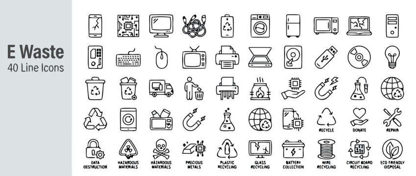 Minimal line art vector icon set of 40 e-waste collection and electronics recycling icons promoting sustainable technology disposal, waste management, and circular economy practices for earth care.