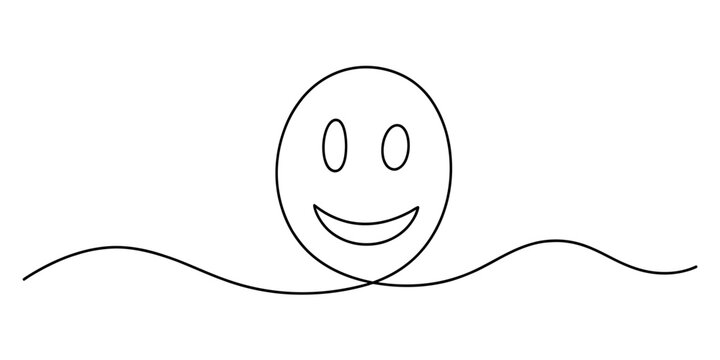 Continuous single line drawing of a happy smiley face icon on a simple black line path