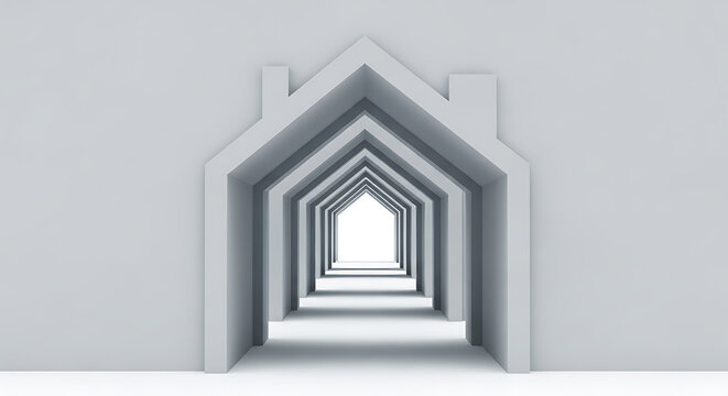 Abstract conceptual tunnel of minimalist house shaped archways with minimalist architecture abstract structure perspective corridor residential interior building property geometric