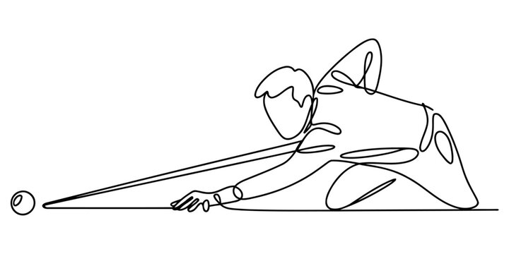 Continuous single line drawing of a man playing snooker with a pool cue and a ball