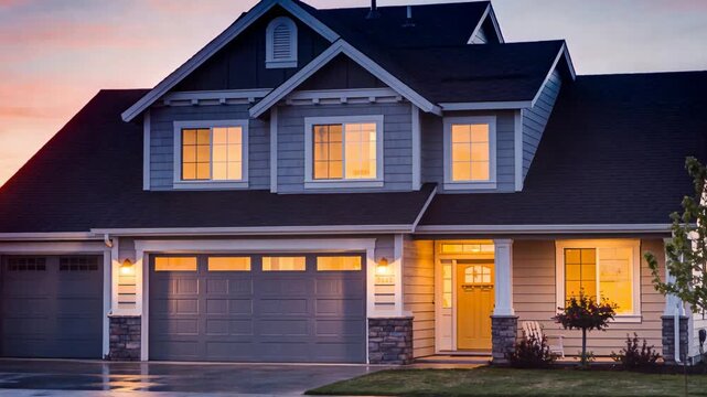 Recording camera steadying and zooming, showing suburban two-story home at dusk with wet driveway