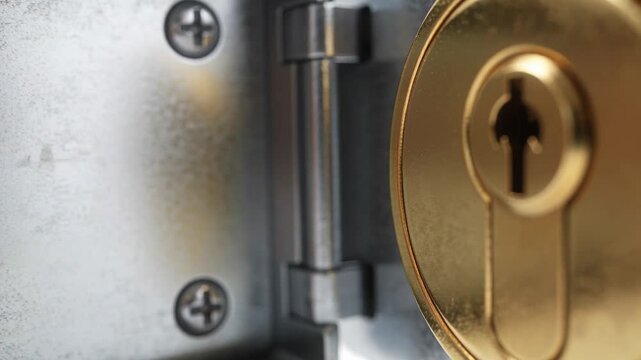 Reaching hand guiding brass key with house icon into cylinder lock at door, trying to unlock