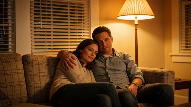 Leaning woman settling into man placing arm around her on couch by lamp, wearing sweater, shirt