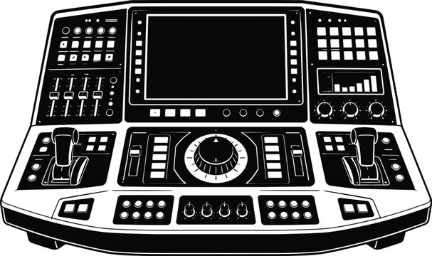Detailed black and white vector illustration of a professional industrial control panel featuring various buttons knobs switches and digital screens
