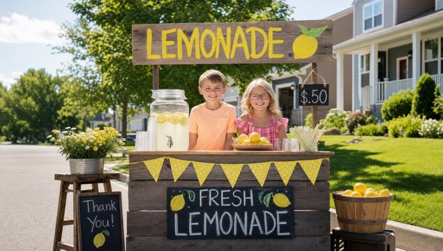 Two children sell fresh lemonade from a stand in a suburban neighborhood.