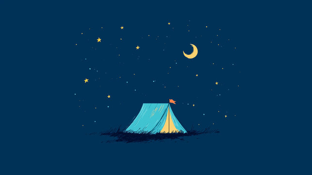 Cheerful flat vector illustration of a small A-frame turquoise tent under a night sky with simple stars and moon, minimal geometric style