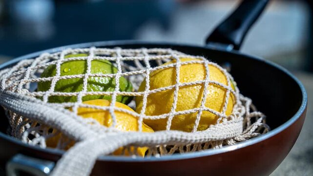 Pulling back camera to reveal two lemons, green lime in mesh bag on pan handle, wet