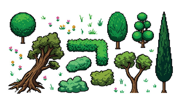 Pixel art tree and garden shrub nature vector asset set. Cypress, oak, hedges, bushes, grass tufts, flowers and retro arcade game graphics.