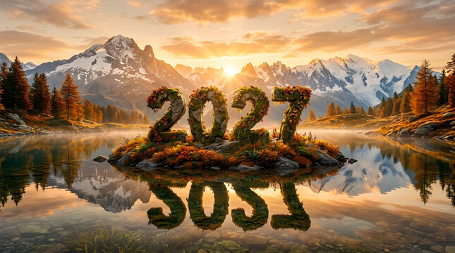 Island of Hope: The year 2027 emerges from a verdant island, surrounded by a tranquil lake and majestic mountains, illuminated by the golden hues of dawn, symbolizing renewal and a prosperous future.