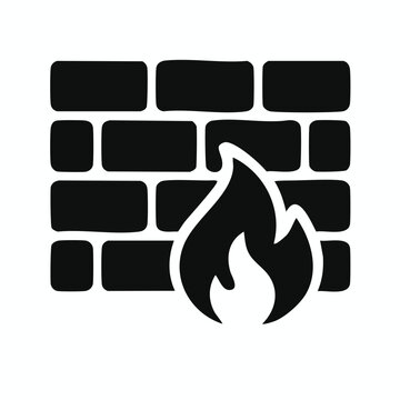 Firewall Icon with Flame over Brick Wall for Cyber Security