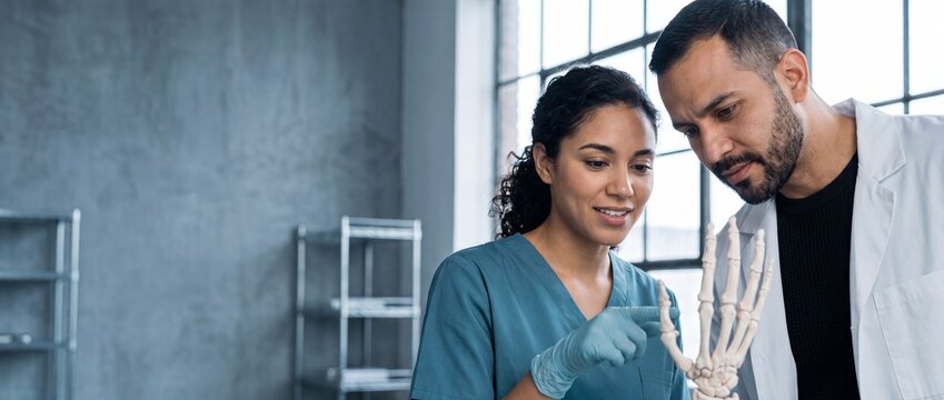 Medical doctors examining skeleton hand model in modern clinic office, diverse healthcare professionals studying human anatomy for orthopedic medical study, training and collaborative science program.