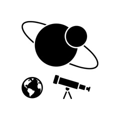 Astronomy iconography with planet ringed system and telescope flat vector icon © md shuvo1122