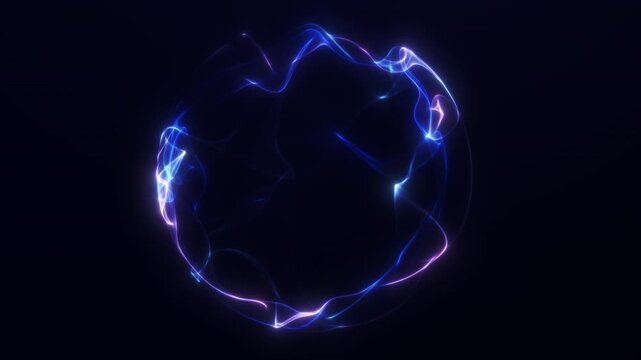 Electric blue and violet plasma ribbons form a luminous orb on a dark background, suitable for energy visualization, digital communication, science, and technology.
