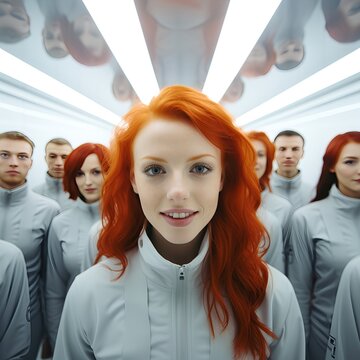  Smiling Redhead Woman with Team in Futuristic Interior