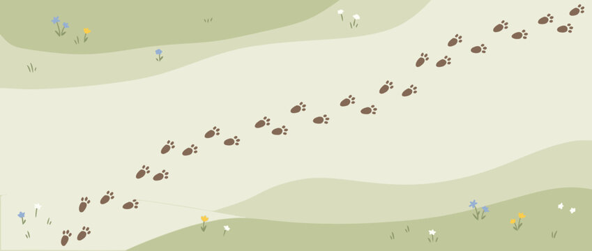Panoramic vector banner illustration of a cute bunny footprint trail crossing the canvas with small spring flowers. Minimalist Easter holiday theme for wide web headers and seasonal greetings.