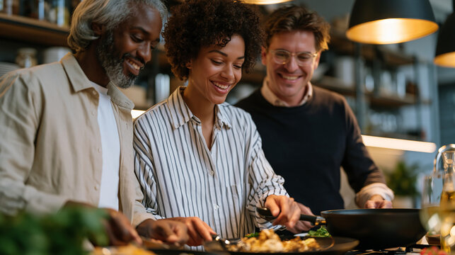 Group dynamic of three adult friends cooking together in a modern kitchen with open shelving and pendant lighting, candid unposed moment capturing meal preparation, laughter, and shared experience i