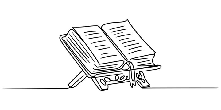 Open book on a wooden stand drawn in a simple continuous line art style illustration