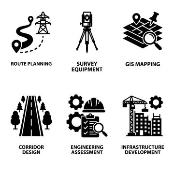 Infrastructure engineering and gis mapping planning icon set for construction