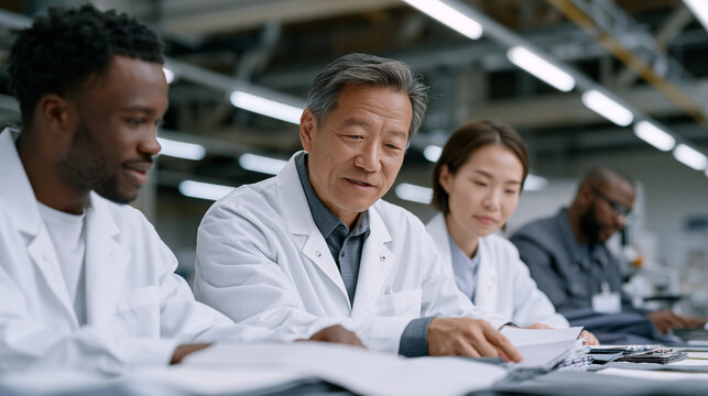 Multicultural group of textile engineers examine fabric swatches pulled from upcycled garment bundles, comparing weave density and tensile strength at a long laboratory table inside a sustainable ma