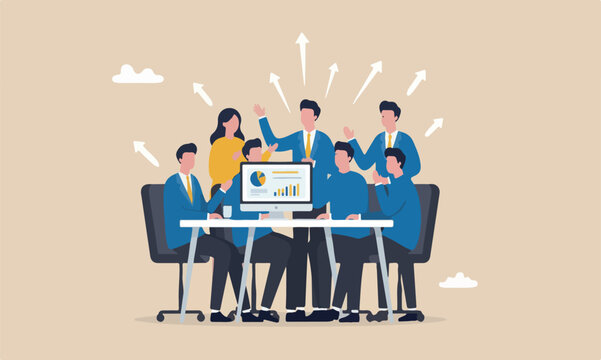 Success together with two small, flag on red pillars development, work satisfaction concept, happy businessman working with office computer desk
