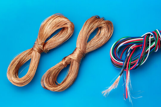 Copper wire coils and colorful electric cables on blue background. Bundles of copper wire next to multicolored electrical cables.Electric copper wires and insulated colorful cables for industry.