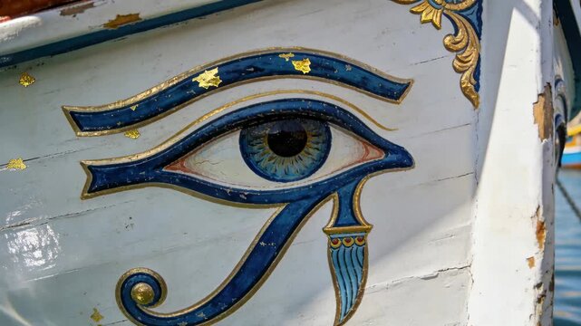 Moving camera revealing painted Eye of Horus on boat bow at harbor, capturing sunlight reflections
