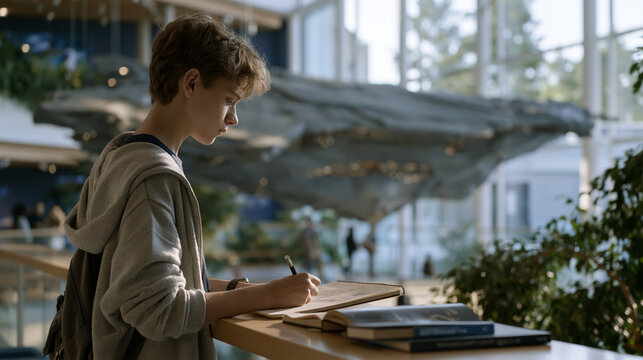Solitary teenage boy stands at the edge of a vibrant colorful science museum atrium studying a suspended scale model of a generation ship, sketchbook raised, drawing furiously, the ethical complexit