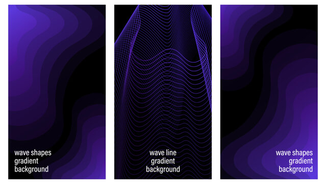 A collection of three vertical abstract backgrounds featuring smooth purple gradient wave shapes and intricate line art designs for modern digital projects.