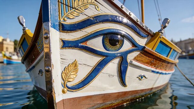 Pulling back camera revealing wooden boat prow bobbing in harbor to showcase painted eye motif