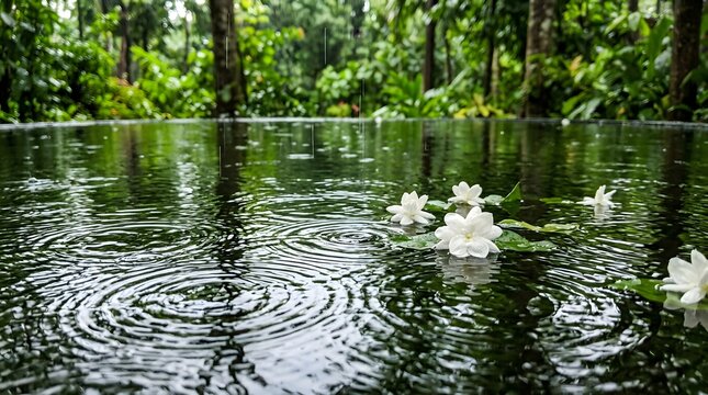 close-up of raindrops creating ripples in water, reflecting lush greenery and trees, a few jasmine flowers, symbolizing the healing power of nature's rhythm. 
