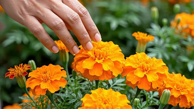 Hand touching vibrant orange marigold flowers in garden.