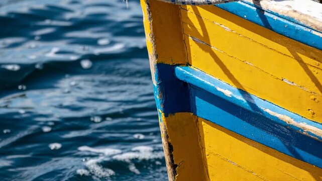 Showing wooden boat bow bobbing at sea, gentle breeze creating foam, yellow hull rope, copy space