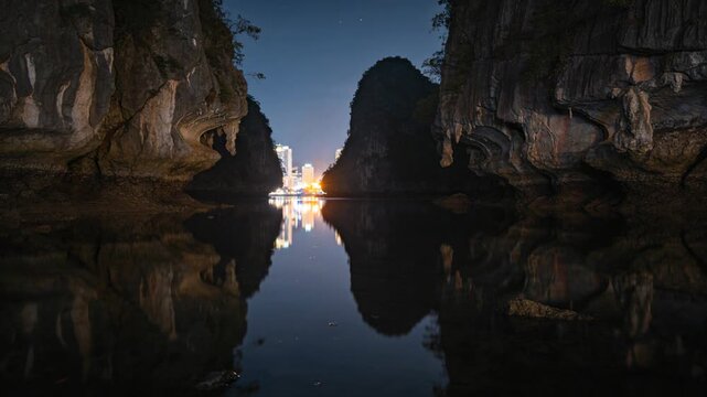 Flickering harbor lights casting glow over calm inlet through gap between two karst cliffs at night
