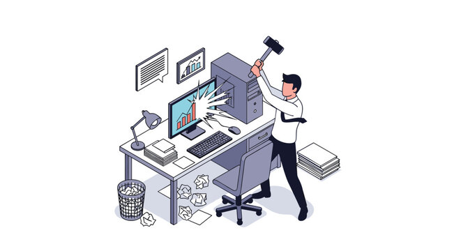 Work related stress and technical frustration concept showing an angry office employee smashing his computer with a hammer.