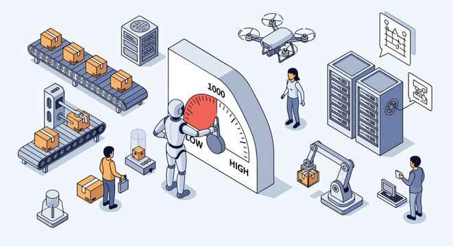 High tech automated warehouse operations featuring industrial robots, delivery drones, and computerized inventory systems.