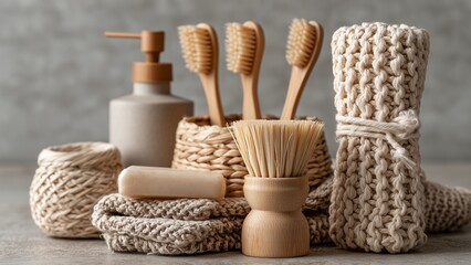 Fototapeta premium Sustainable Living realistic close-up photography of reusable household products made from natural materials arranged in modern minimalist setting, shallow depth of field, premium sustainable lifestyl