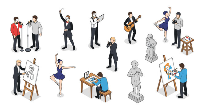 Diverse collection of creative arts including painting, sculpture, dance, music, theater, and photography in isometric.