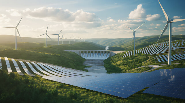 Solar panels and wind turbines in a green landscape, renewable energy farm sustainability