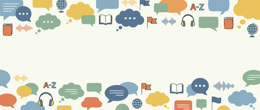 Panoramic vector banner illustration for language learning and education featuring colorful speech bubbles and global icons with copy space. Ideal for schools and online tutoring services.